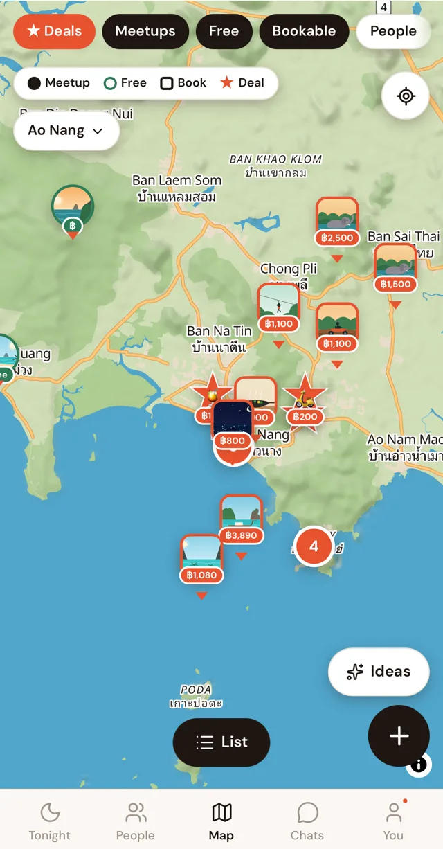 Map with meetups, tours and free spots